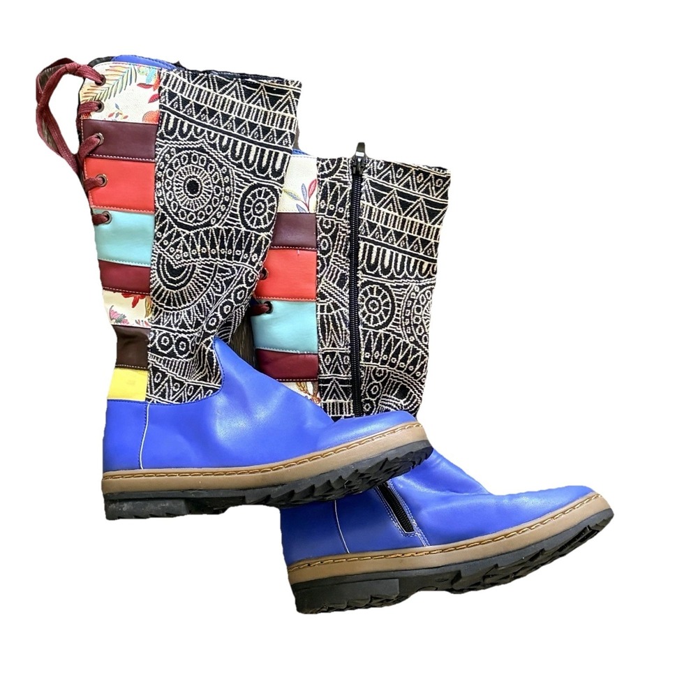 Bohemian Abstract Pattern Leather Knee High Boots Zipper Lace Up Ladies Sz 38/7